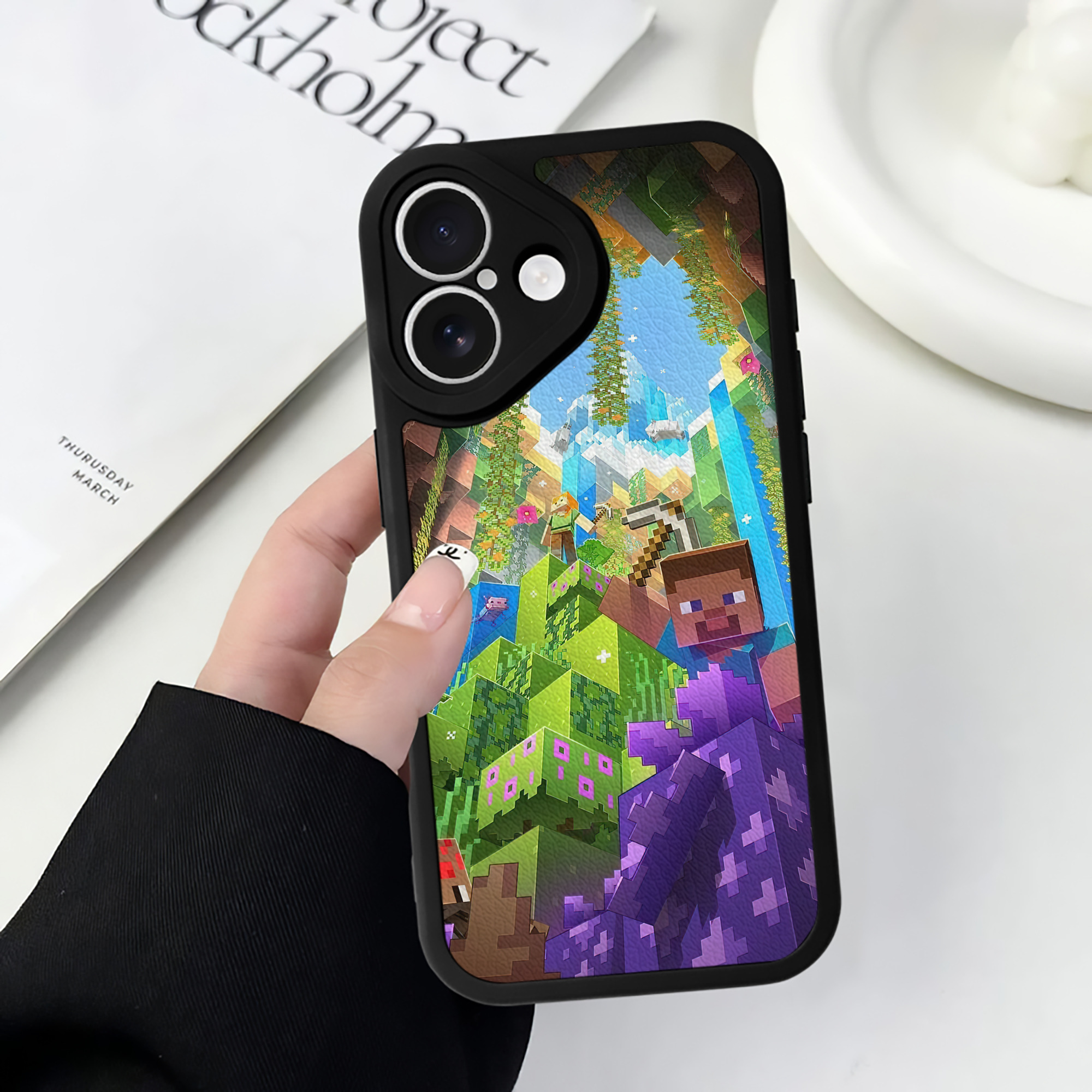 （画像用） マインクラフト ブロックの世界 Minecraft MC Block world 【iPhone 16シリーズ対応】シリコンスマホケース（レザー調） 材質：シリコン